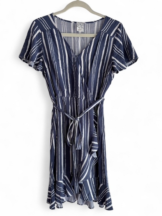 NAIF Dresses & Skirts - Naif Navy Blue and White Striped Wrap Front Belted Ruffle Dress Size L